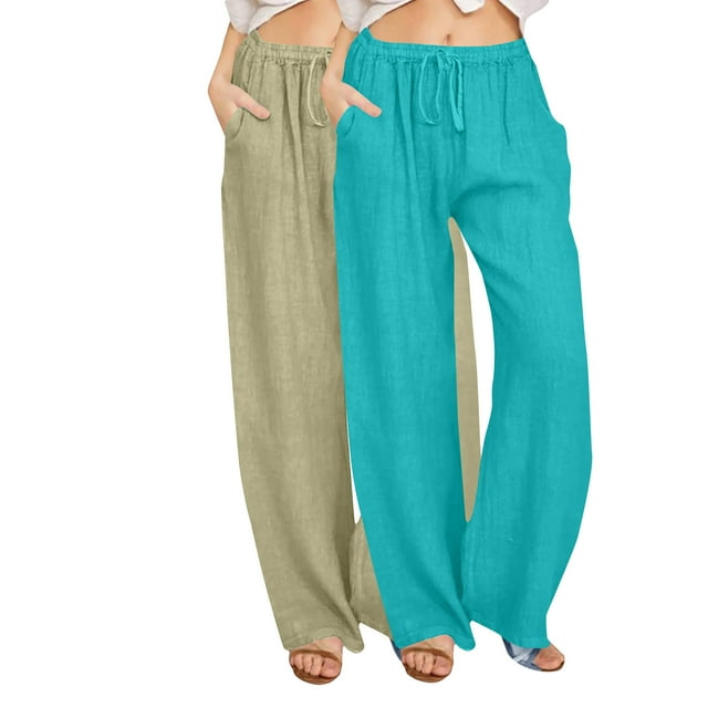 Enjoytime 2 Pack Wide Leg Pants Woman Solid Color Elastic Waist Plus Size Pants with Pockets Drawstring Lounge Loose Workout Womens Trousers Green L