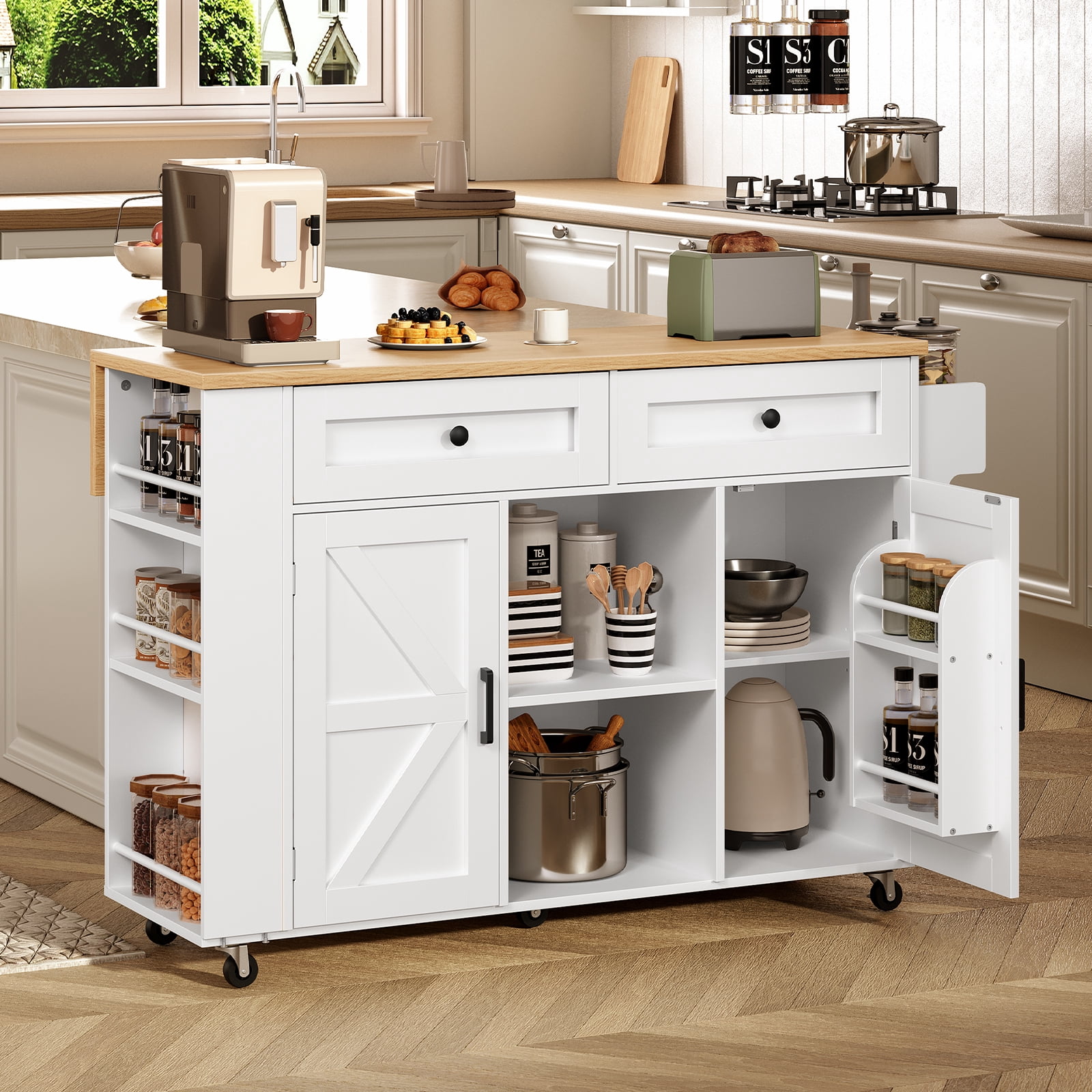 HOOBRO Rolling Kitchen Island with Drop Leaf Bar Countertop & Power Outlet, Farmhouse Island Cart with Storage, 47" Kitchen Island Cart with Side Spice Rack & 2 Drawers, White and Natural WN35UZD01