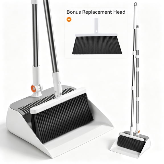 Maoface Broom and Dustpan Set for Home, 53'' Broom Dustpan Combo with Dustpan Teeth to Clean Hair, Includes 2 Broom Heads, Stand-Up Storage, White