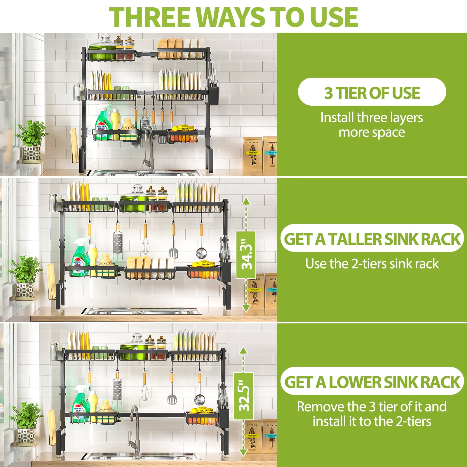 Over The Sink Dish Drying Rack, 24.8"-35.4" Expandable Length & Height,3-Tiers Large Dish Drying Rack Stainless Steel Dish Racks for Kitchen Counter