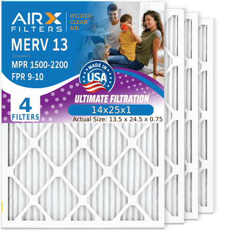 

14x25x1 Air Filter MERV 13 Comparable to MPR 1500 - 2200 & FPR 9 Electrostatic Pleated Air Conditioner Filter 4 Pack HVAC AC Premium USA Made 14x25x1 Furnace Filters by AIRX FILTERS WICKED CLEAN AIR.