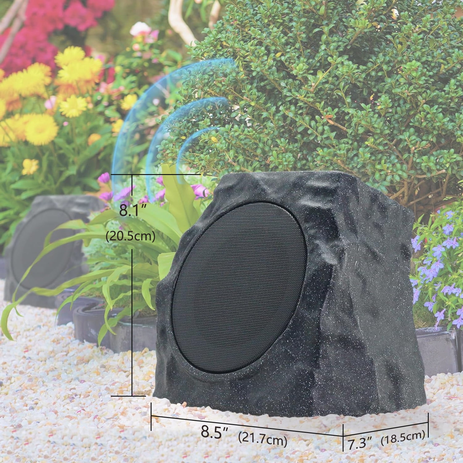 Postlucky 2-Pack Outdoor Solar Rock Speakers, Bluetooth, TWS Pairing, RGB LED Flashing, USB Charging, Waterproof, 8.1" Black