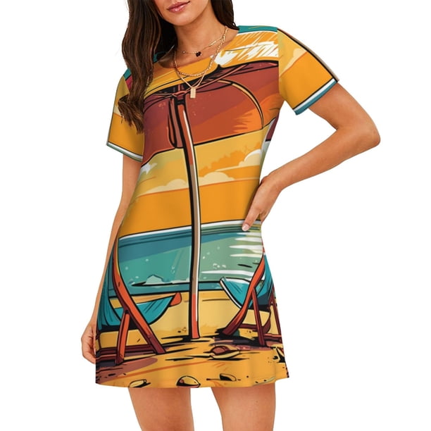Easygdp Vintage Beach Sunset Camisón de manga corta para mujer, informal, estampado