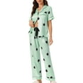 thumbnail image 2 of INSPIRE CHIC Womens Satin SleepwearButton Down Short Sleeve with Loose Pants Silky Lounge Pajama Sets M Green Dots, 2 of 6