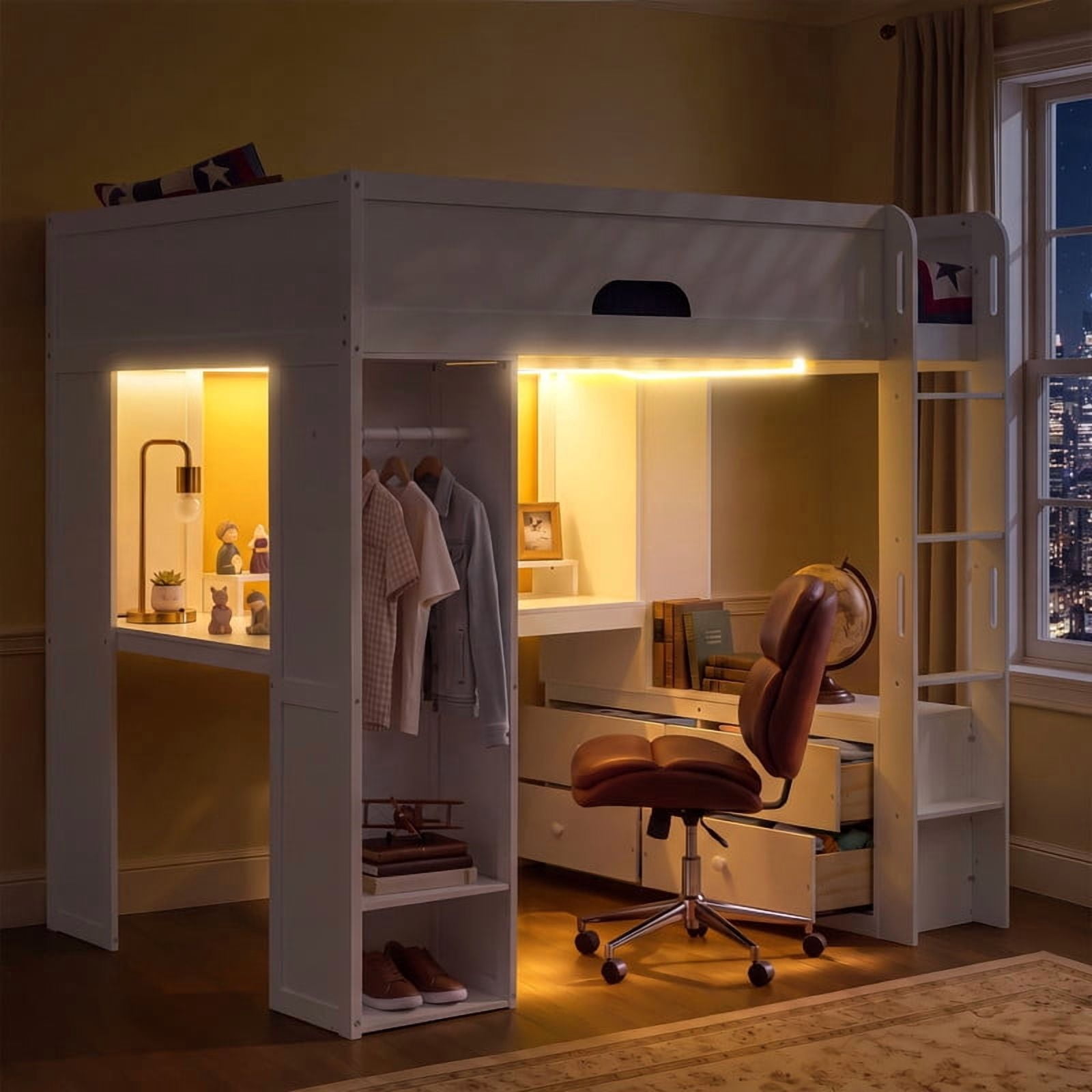 Full Versatile Loft Bed with L-Shaped Desk, LED Light Strip & Charging Station, Storage Kids Bed Frame with Drawers & Wardrobe