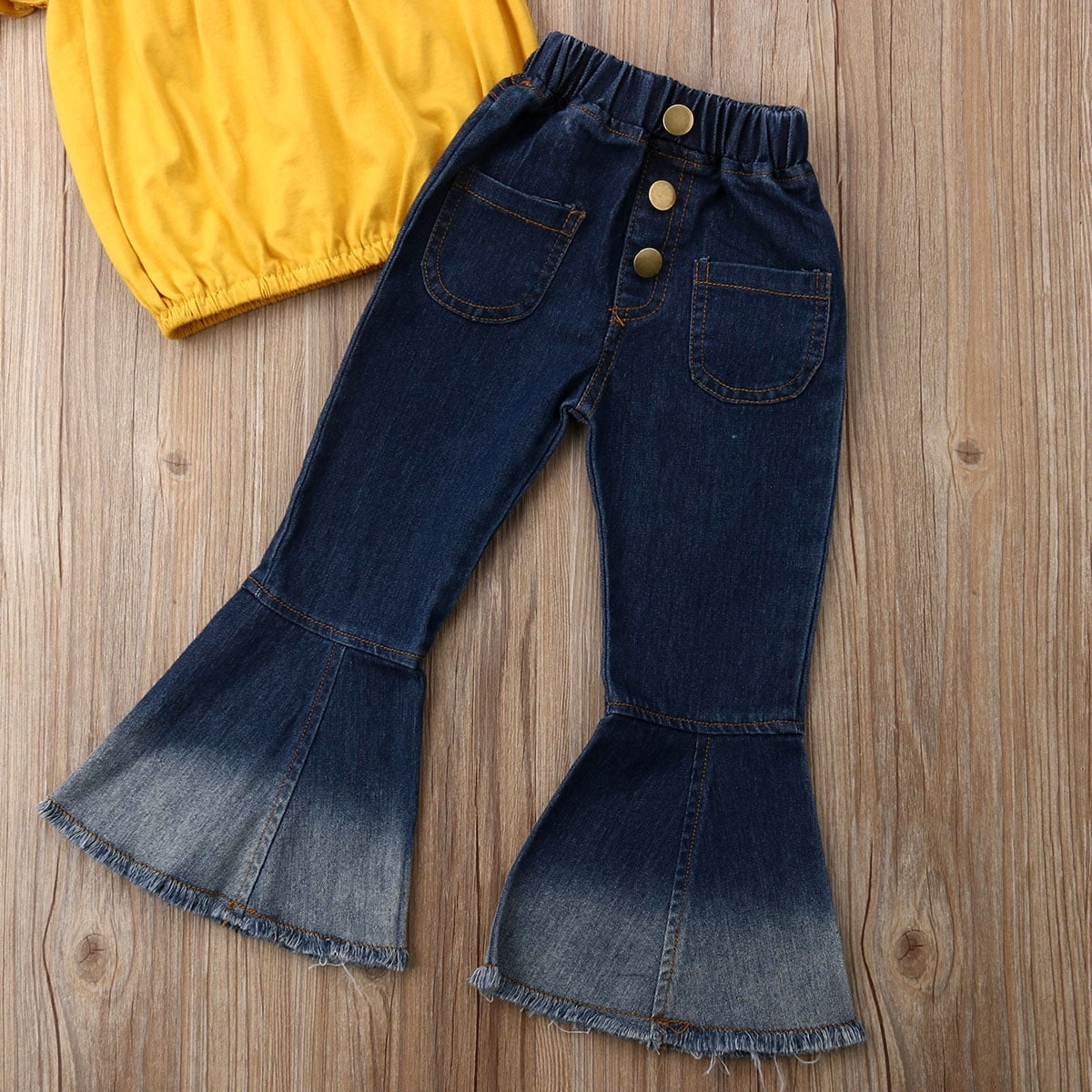 Sunloudy Toddler Kids Baby Girls Off Shoulder Tops T Shirt Denim Flares Long Pants Outfits Set Clothes Other