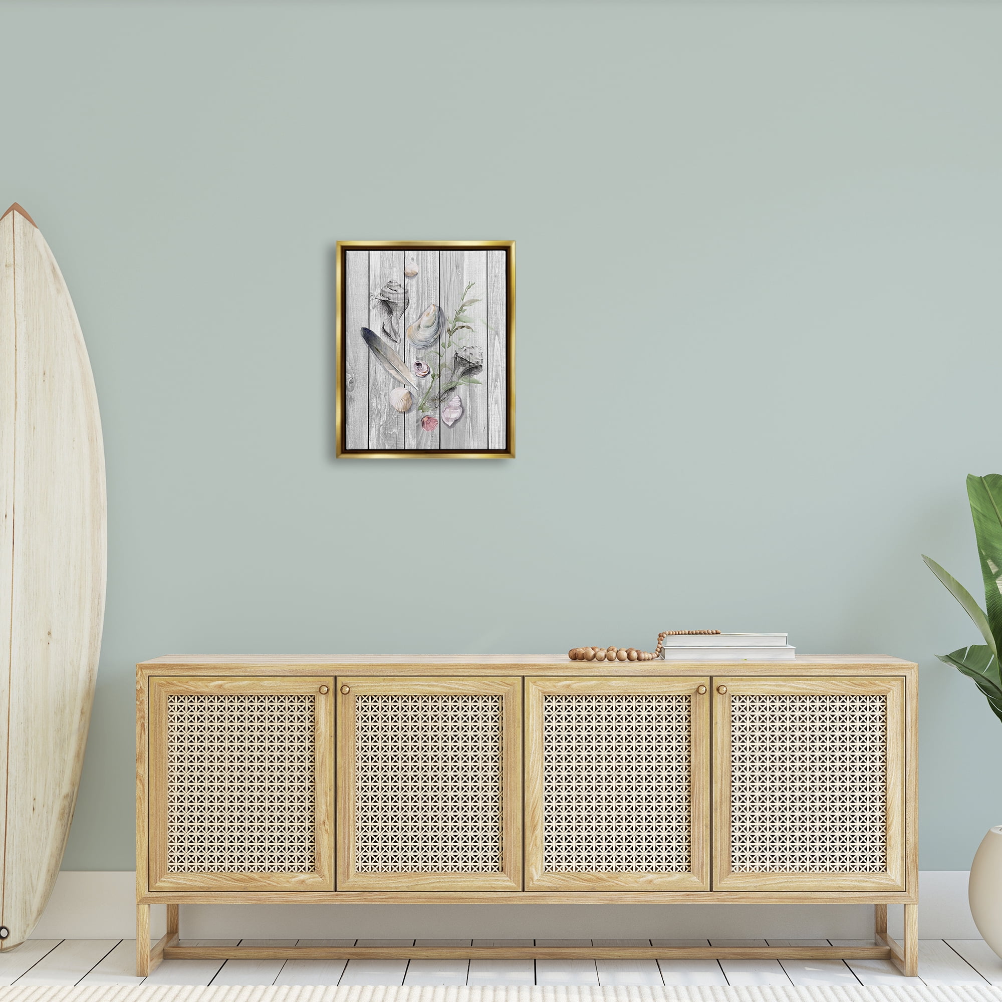 Stupell Feather & Seashells Collection Dock Landscape Painting Gold Floater Framed Art Print Wall Art