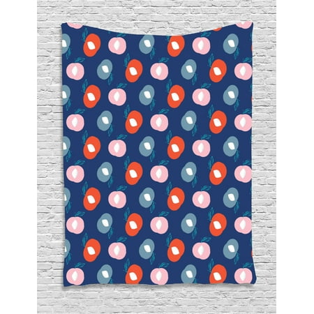 Peach Tapestry, Repeating Abstract Motifs of Taste Exotic Fruits Illustration Print, Wall Hanging for Bedroom Living Room Dorm Decor, Dark Blue and Multicolor, by