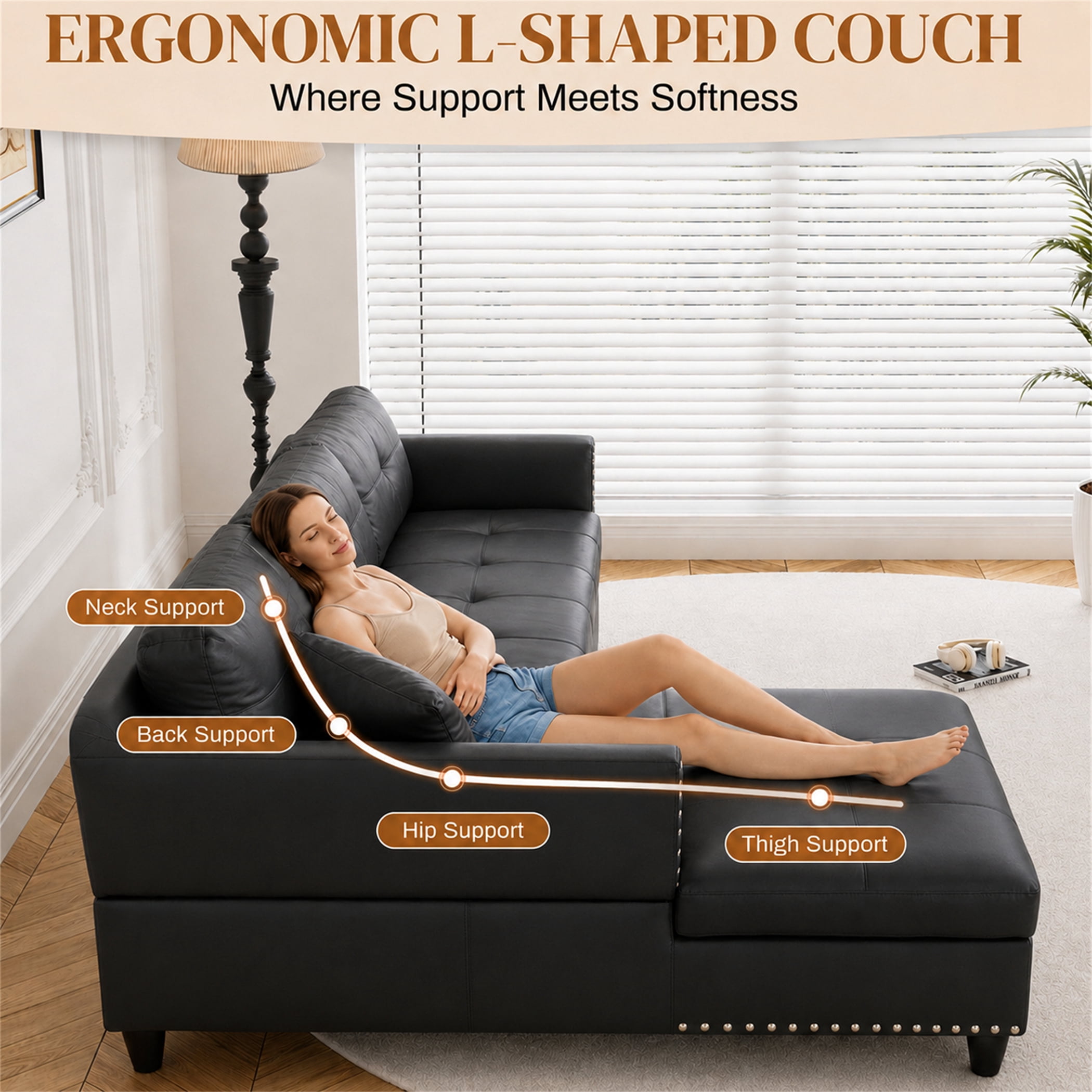 Aukfa 98" L Shaped Sectional Couch with Cup Holder Console, Tufted Back&Nailhead Trim, Oversized Left Chaise Leather Sofa for Living Room, Black