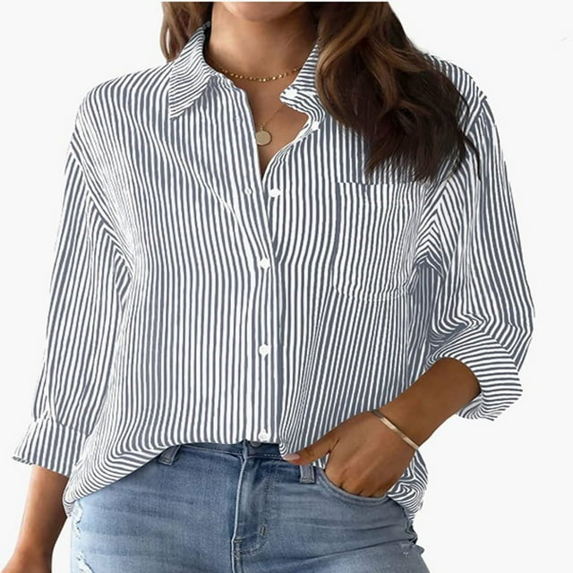Yuyuzo Womens Button down Shirts Striped Classic Long Sleeve Lapel Office Work Blouses with Pocket