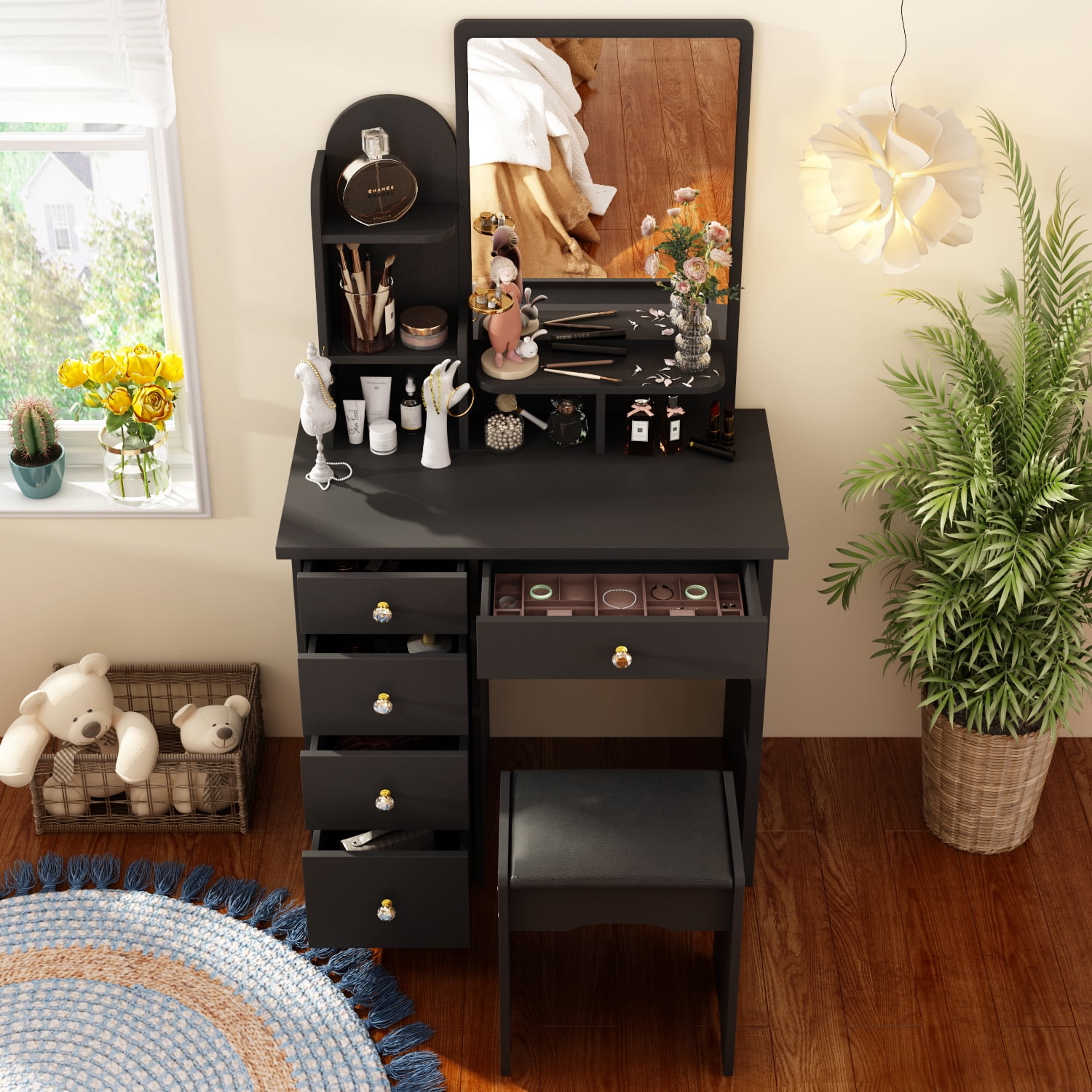 KULAGAGA Makeup Table with Mirror, Vanity Drssing Table with Drawers for Bedroom Black