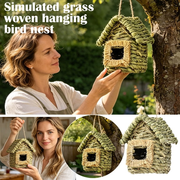 Hanging Decor, Garden Decor, Birds Decor, Yard Decor, Straw Woven Hanging Bird Nest Plant Landscape Decoration, 7.5X4.7X4.7 in 1Pc Rustic Frayed Opening Bird Habitat, Blends with