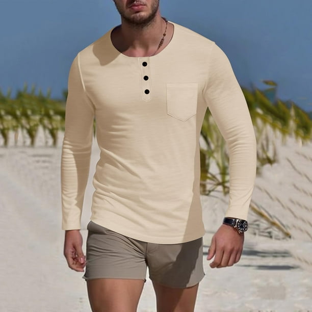 pstuiky mangas largas para hombre, Camisa de capa base de ejercicio de manga larga para hombre, informal, con cuello redondo, bolsillos y botones, de colores sólidos top de hombre l