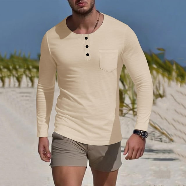 pstuiky mangas largas para hombre, Camisa de capa base de ejercicio de manga larga para hombre, informal, con cuello redondo, bolsillos y botones, de colores sólidos top de hombre l