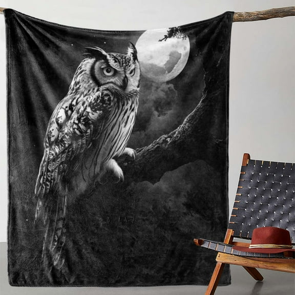 1pc Flannel Throw Blanket, Owl Moon Print, Soft Warm Comfort, Ideal for Sofa, Bed, Car, Office, Camping, Travel, All-Season Gift, Mixed Colors, Knitted, Polyester