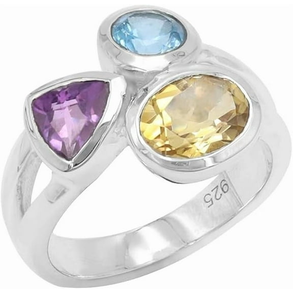 Earth Gems Jewelry Citrine Ring Sterling Silver Blue Topaz & Amethyst Gemstone Jewelry for Women