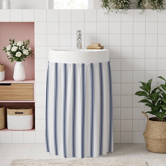 Navy Blue Striped Small Sink Skirt 10''x11'', Navy Blue White Stripes Farmhouse Bathroom Vanity Utility Cabinet Curtain, Kitchen Under Sink Laundry Privacy Drape Waterproof Closet Curtains