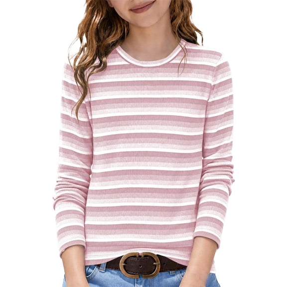 lnmuld Girls Long Sleeve Crew Neck Striped T Shirt Ribbed Slim Fit Casual Basic Top Size:3-4 Years,Pink2