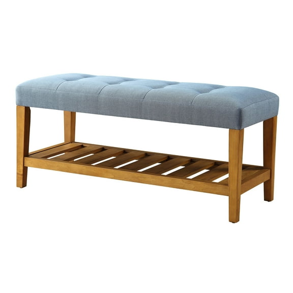 Bedroom Benches, Light Blue and Oak Tufted Padded Seat Bench, Light Blue Wooden Bedroom Benches,Wood Fabric Bedroom Benches With Storage, Furniture Bedroom Furniture Benches & Stools Light Blue and O