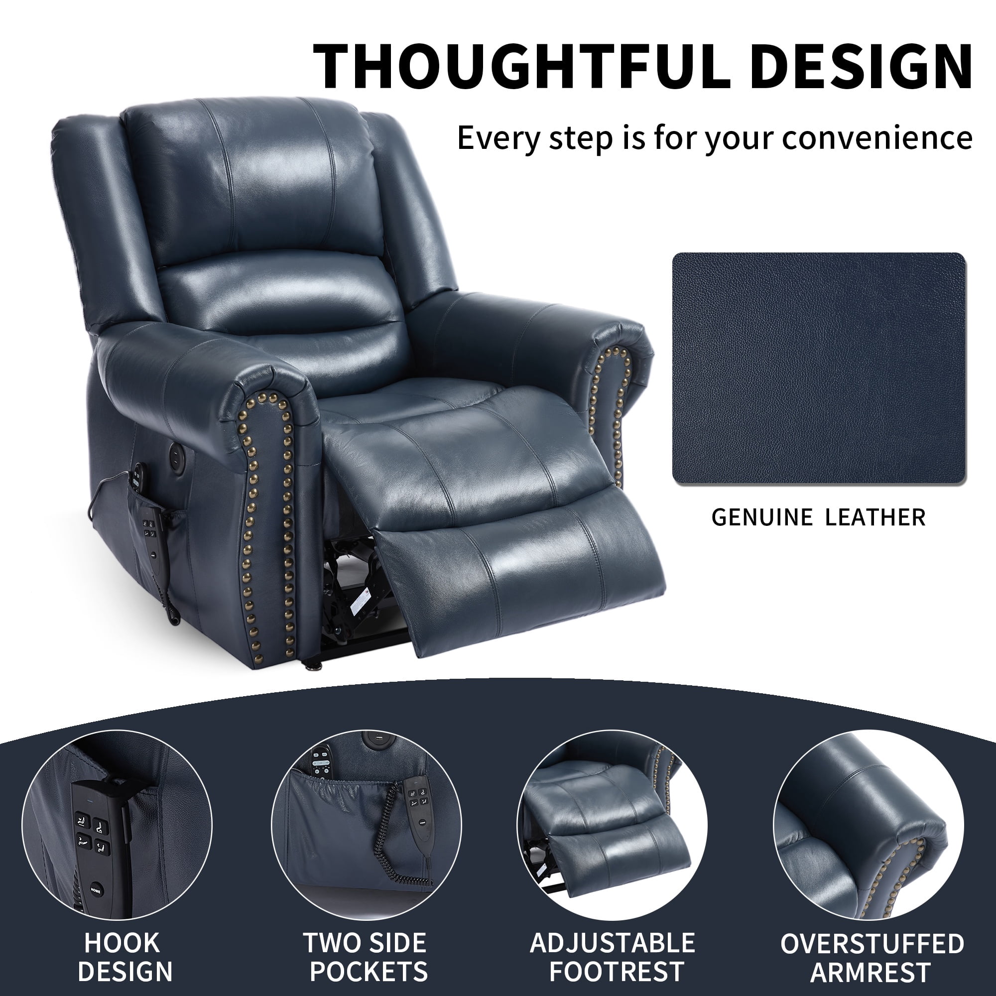 LEGAHOME Genuine Leather Power Lift Recliner Chair, Electric Infinite Position Lift Chair for Elderly with Heated and Massage, Reclining Sofa with USB Charging Port and Dual Motor, Blue