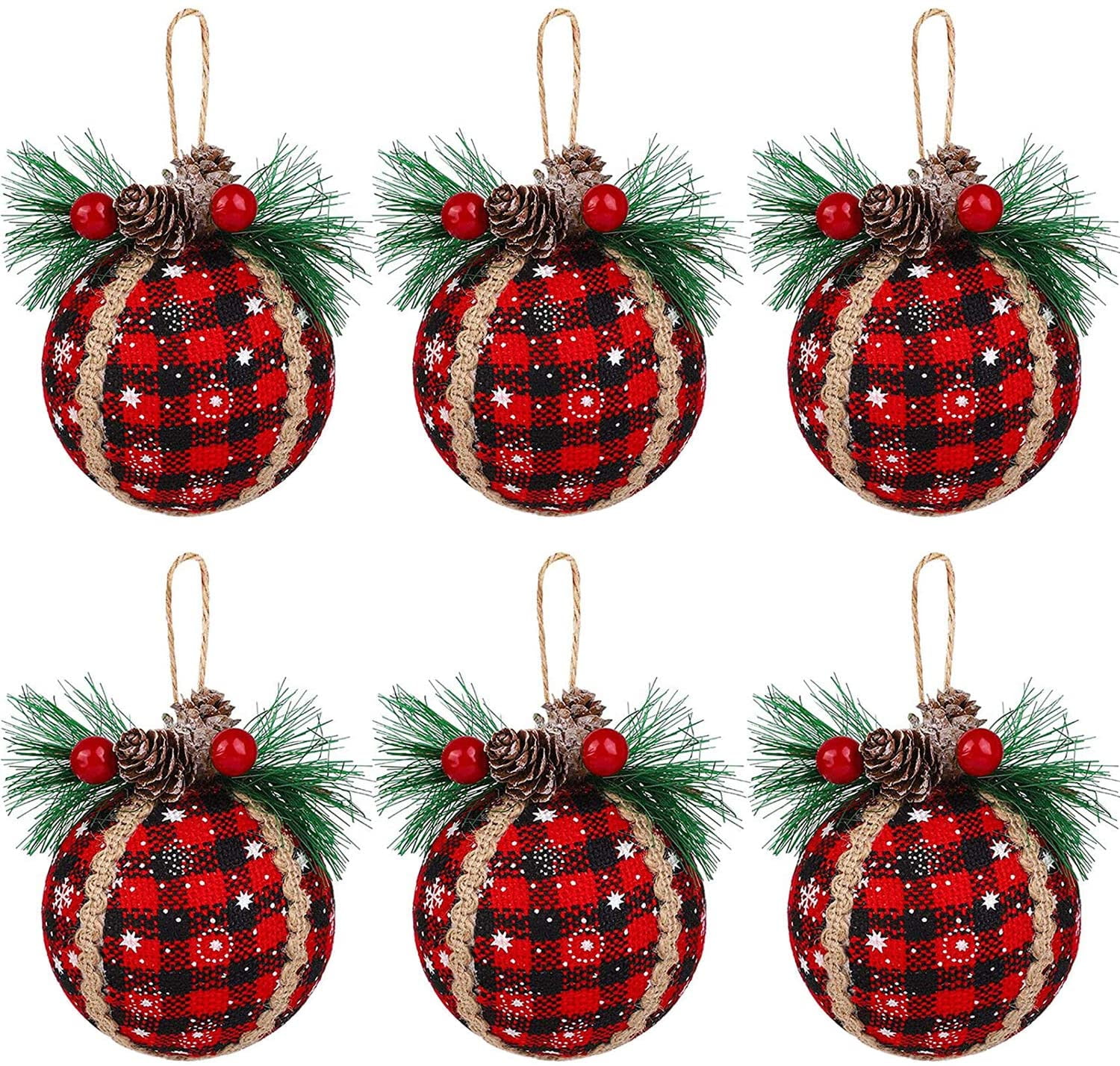 Christmas Decorations Tree Ornaments Set 6PCS Assorted White Red Rustic Hanging Ball Ornaments New Years Decorations with Pine Cones Needles Xmas Decor