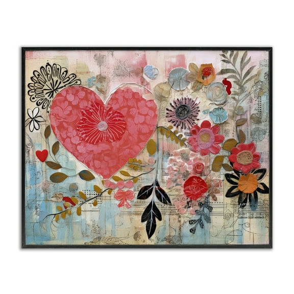 Stupell Industries Playful Heart & Flowers Abstract Painting Black Framed Art Print Wall Art, 14 x 11