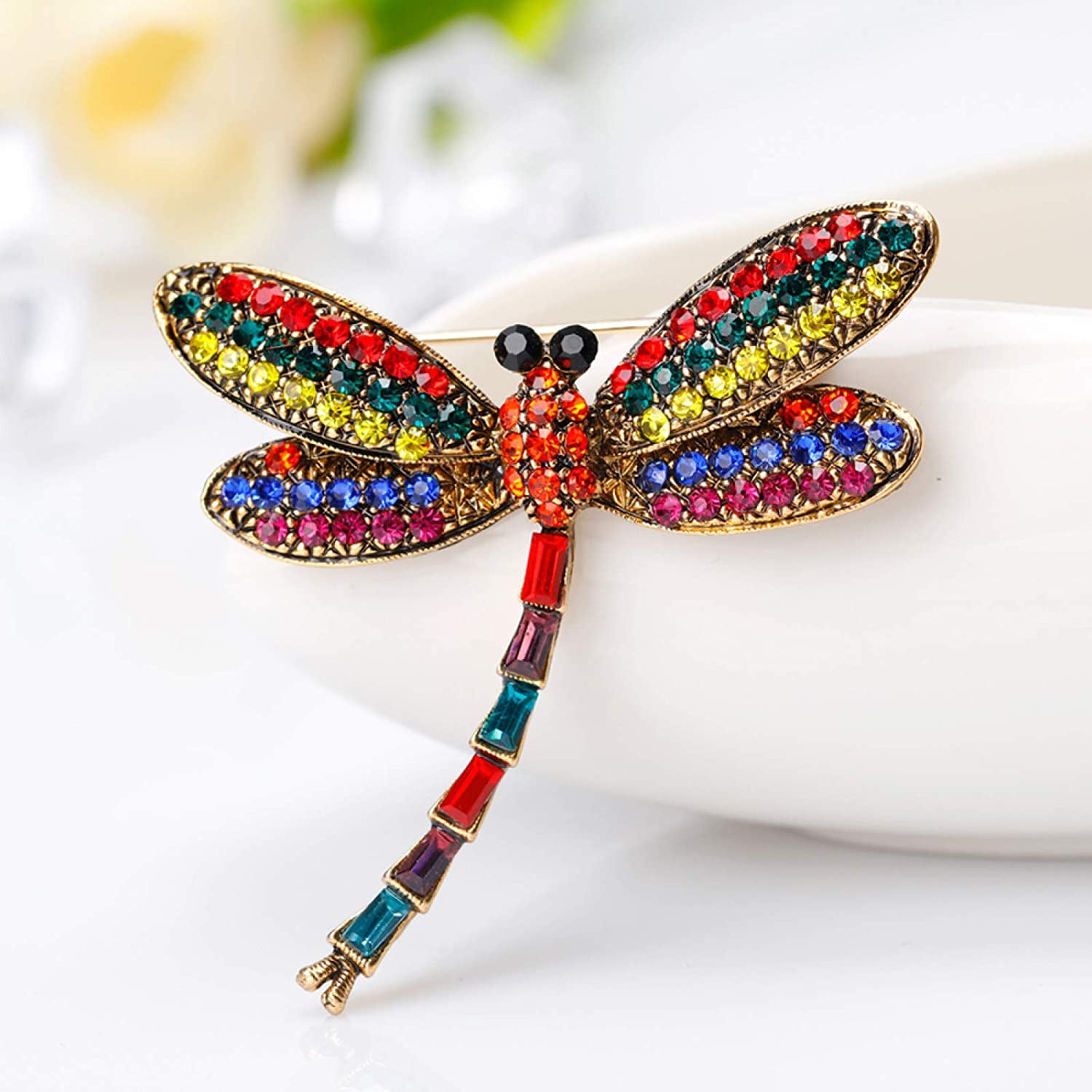 Dragonfly brooch black cream enamel rhinestone vintage style in gift box 