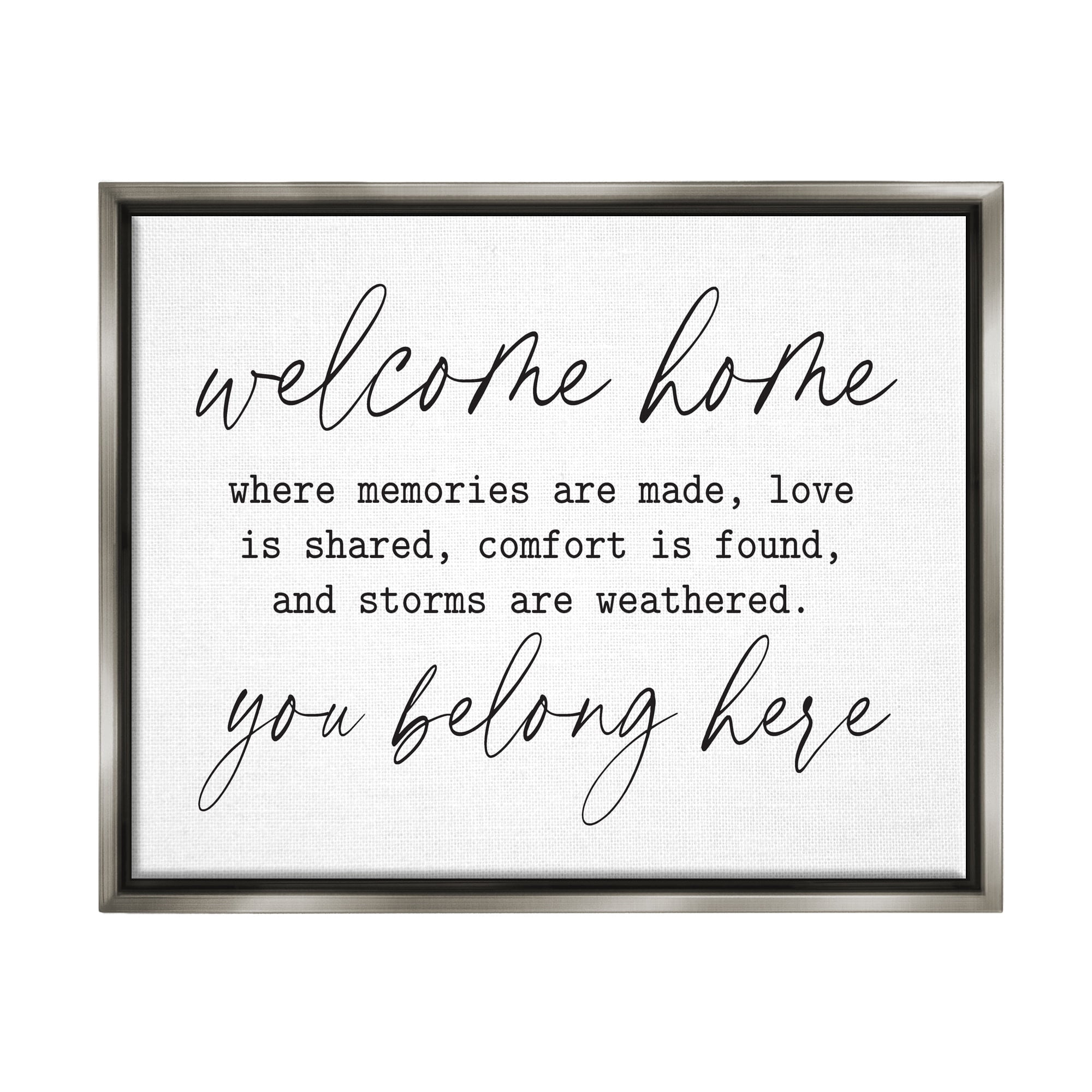 Stupell Industries Welcome Home Belonging Family Quote Casual Script Graphic Art Luster Gray Floating Framed Canvas Print Wall Art, Design by Lettered and Lined