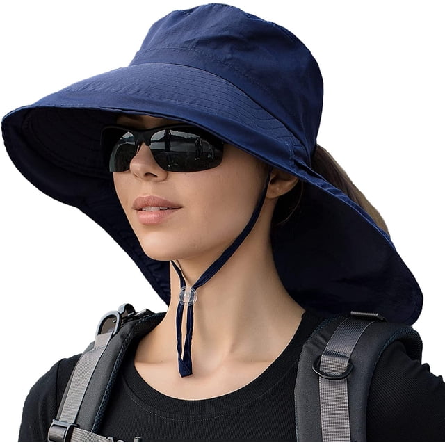 Chapeaux de Soleil pour Femmes Protection UV Pliables à Grand Bord Trou pour Queue de Cheval Été Chapeaux de Plage pour Hommes avec Rabat de Nuque