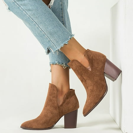 

Womens Cut Out Ankle Boots Chunky Heel Slip On Western Booties Casual Shoes
