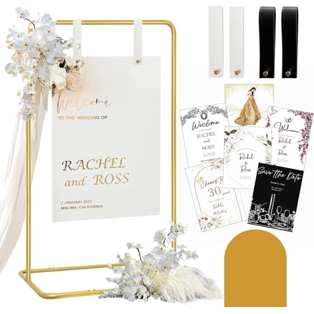 Wedding Sign Holder, Adjustable Welcome to Our Wedding Sign Stand W/Design Bundle & Leather Sign Straps, Heavy Duty Easel Stand for Sign, Wedding Seating Chart Stand, Easel for Display ()