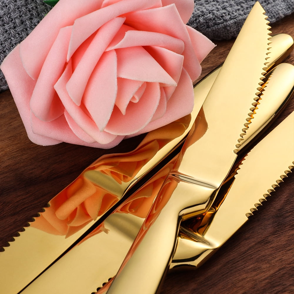 Buyer Star Gold Steak Knives Set of 6, Stainless Steel Serrated Kitchen Knife Set, Heavy Duty Dinner Knives for Cutting Meat, Beef, 8.6 Inch, Dishwasher Safe