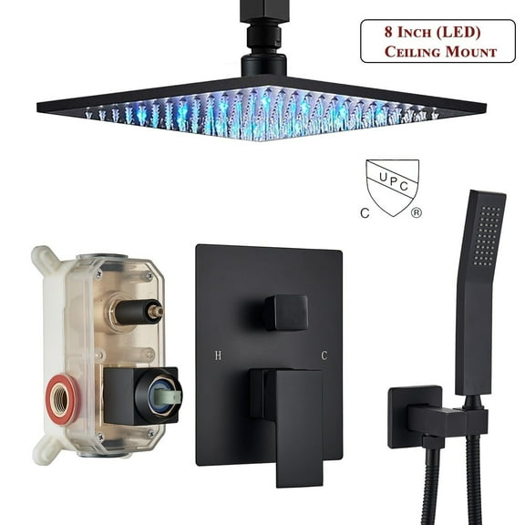 Ceiling Shower System LED Rainfall Shower Faucet Set Bathroom 8 Inch Shower Head Valve Set Rain Overhead Shower Set Matte Black Shower Fixtures System