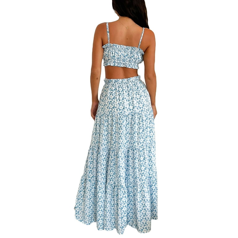 Merqwadd Women Summer 2 Piece Skirt Set Floral Print Cami High Waist Maxi Skirt Tiered Ruffle Boho Beach Skirt Suit