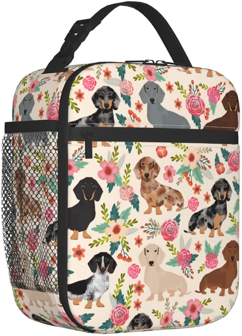 Faty-T Cute Dog lunch box,Dachshund Dogs Flowers Insulated Lunch Bag