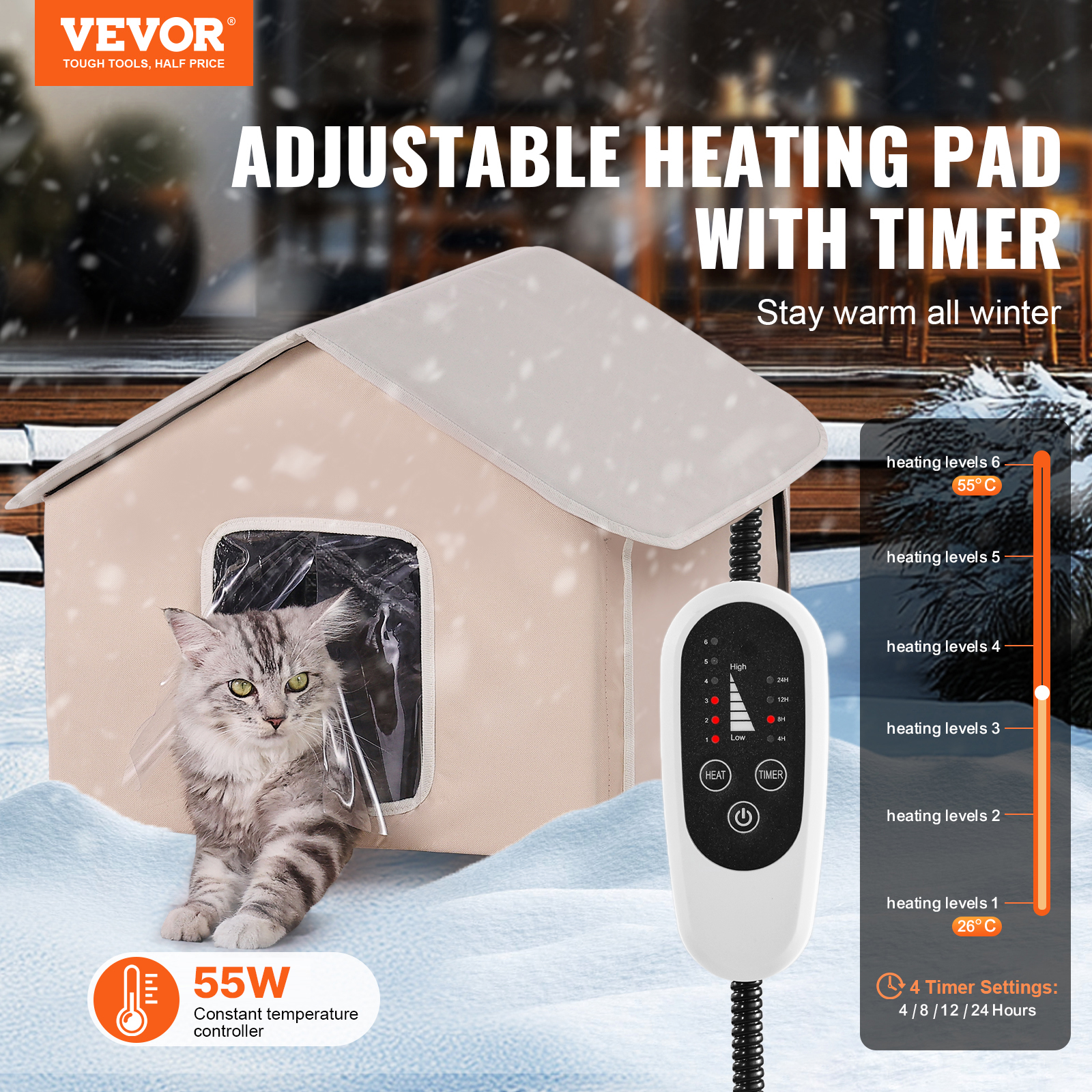 VEVOR Elevated Heated Cat House, Outdoor Kitty Shelter with Timer, 600D Oxford Cloth Foldable Cat Shelter with Heated Pad for Winter to Stay Warm and Cozy, Brown (Middle)