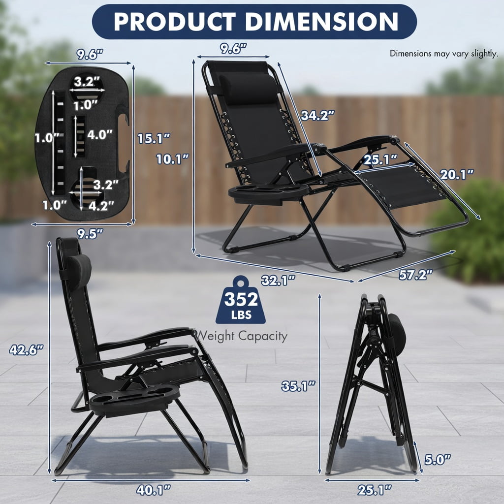 Hommoo Zero Gravity Folding Lounge Chair for Outdoor & Indoor Use – Adjustable Recliner with Removable Tray, Cup Holder & Headrest, Black