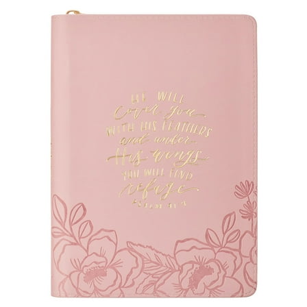 Christian Art Gifts Inspirational Zippered Journal, He Will Cover You Wide Ruled Notebook, Psalm 91:4 Bible Verse, Pink Vegan Leather Floral, 336 Lined Pages w/scripture, (9” x 6.4” x .9”)