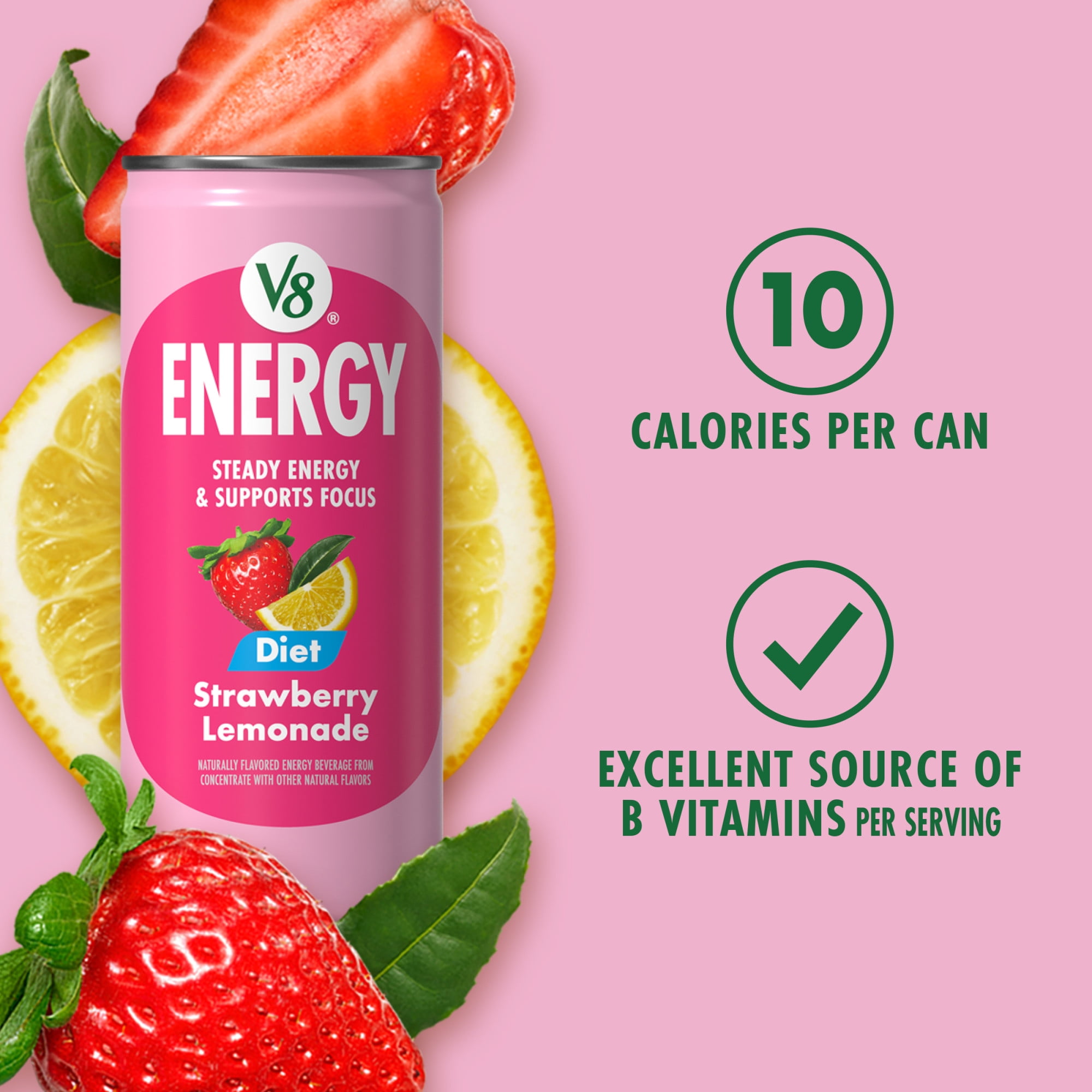 (4 pack) V8 Energy Diet Strawberry Lemonade Juice Energy Drink, 8 fl oz Can (6 Pack)