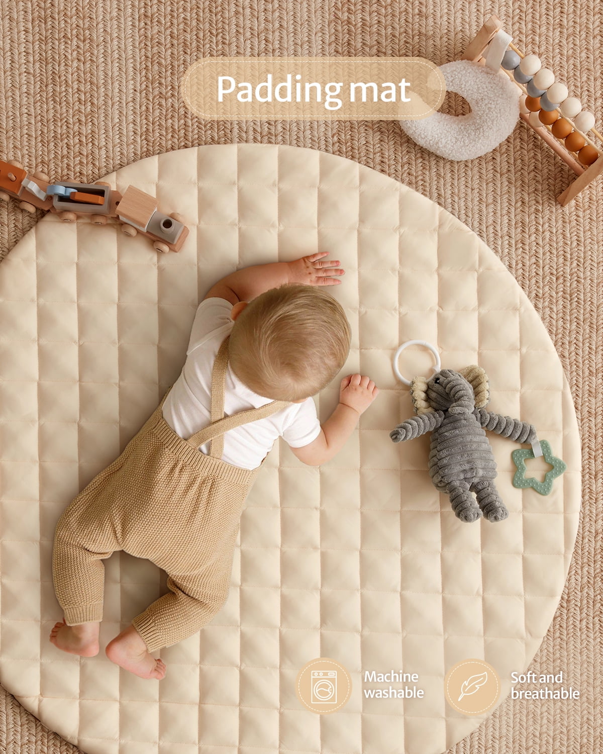 Blissful Diary Baby Play Gym Activity Mat, Tummy Time Mat Play Mat with 6 Sensory Toys for Motor Skill Development, Newborn Infant Baby Essentials Gift for Boys Girls, Oatmeal Beige