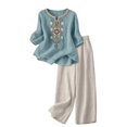 thumbnail image 4 of Women's New Linen Embroidered Two Piece Set, Loose Shirt Wide Leg Pants With Pockets Fashion Summer Casual Outfits Comfortable Daily Wear, 4 of 6