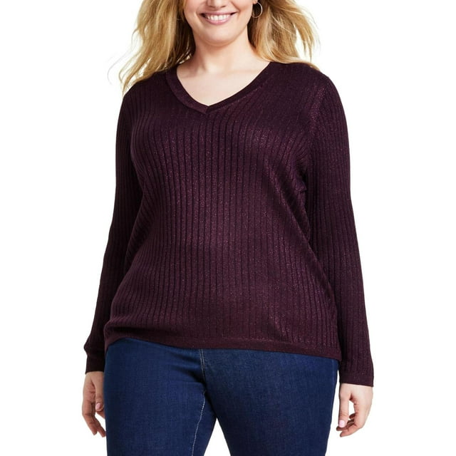 Tommy Hilfiger Womens Ribbed Metallic Threaded Pullover Sweater, Purple, Plus Size, 2X
