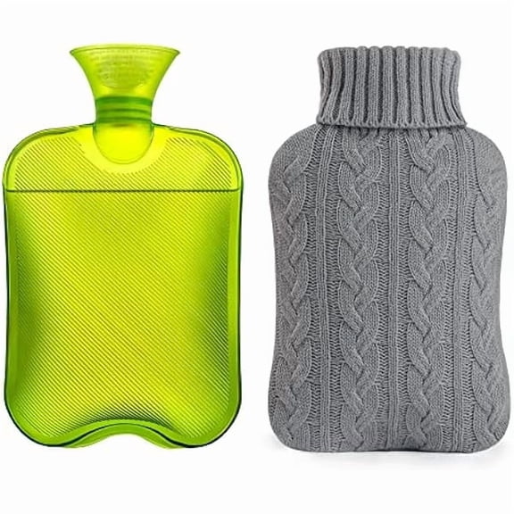 Fu997 Hot Water Bottle with Knitted Cover, 2L Hot Water Bag for Hot and Cold Compress, Hand Feet Warmer, Ideal for Menstrual Cramps, Neck and Shoulder Pain Relief,Grey