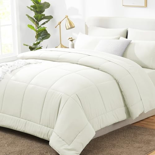 Queen Size Comforter Set Ivory - 7 Pieces Bed in a Bag, Cream Off White Comforter Queen Size, Bedding Sets with All Season Quilted Comforter, Flat Sheet, Fitted Sheet, Pillowcases