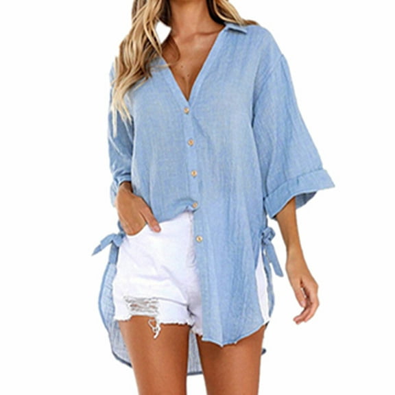 ICHUANYI 2023 Womens Sun Protection Shirts Irregular Hem Button Down Lapel Quarter Sleeve Blouses Solid V Neck Casual Loose Tops