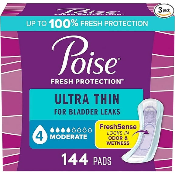 Poise Ultra Thin Incontinence Pads and Postpartum Pads for Bladder Leaks 4 Drop Moderate Absorbency Regular Length 48 Count Pack of 3 total 144 Count Packaging May Vary