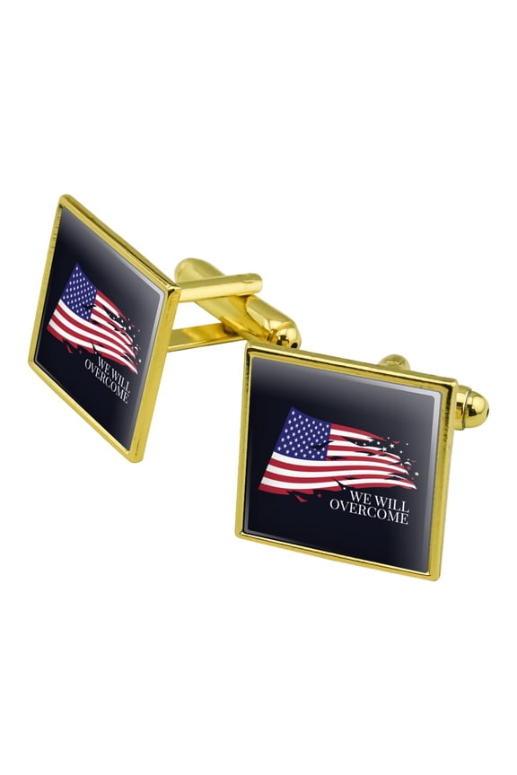We Will Overcome Flag Stars USA America Square Cufflink Set - Silver or Gold
