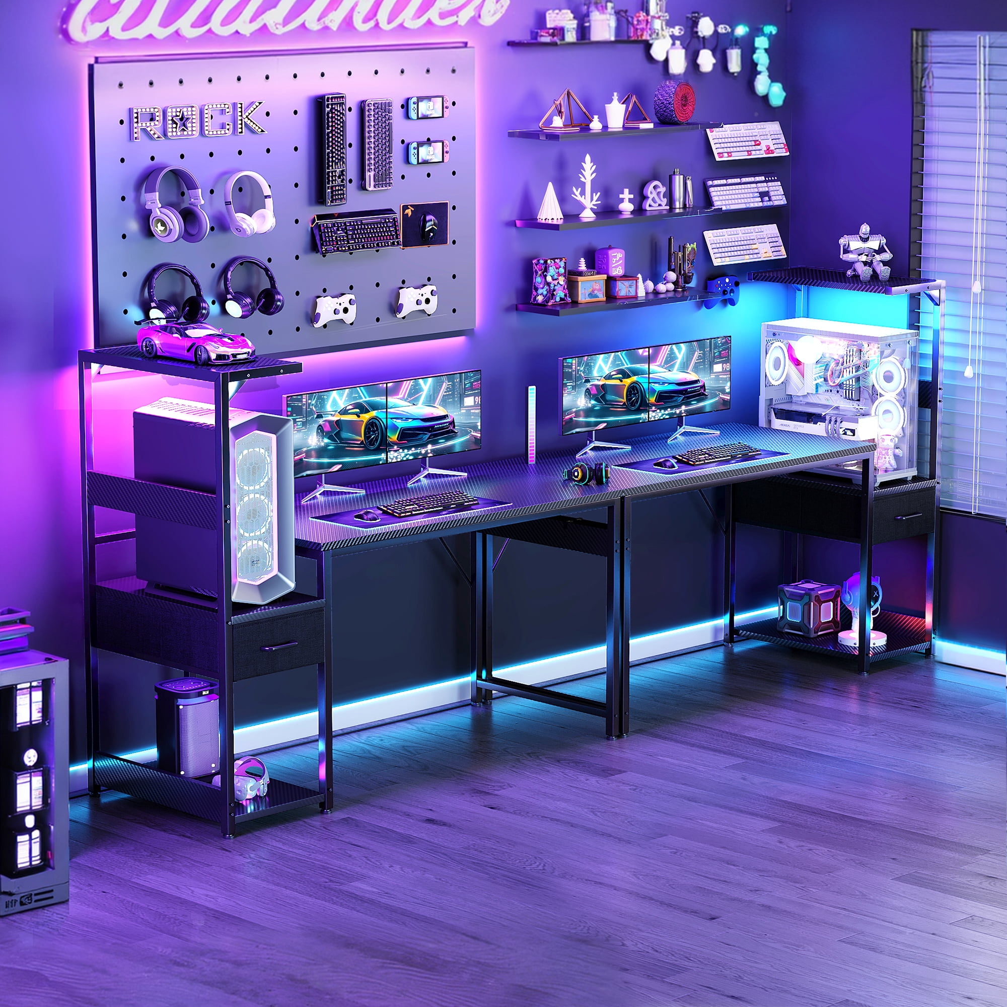 48" Gaming Desk with LED Lights & Storage Drawer, Reversible Computer Desk with Headphone Hook, Carbon Fiber Black