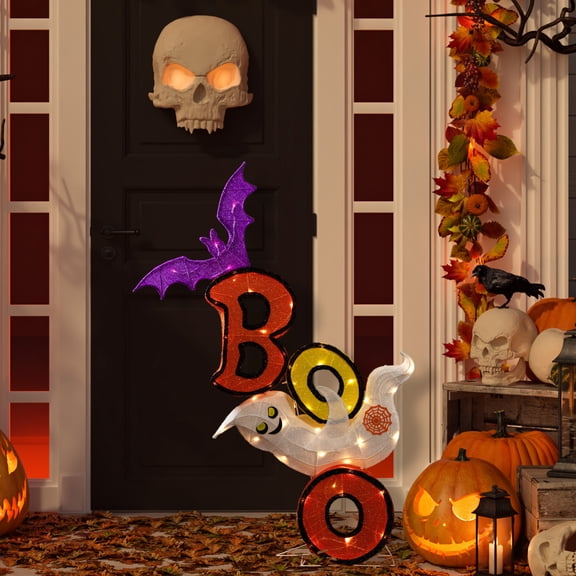 Northlight Lighted Bat and Ghost "BOO" Halloween Decoration - 4.5' - Warm White LED Lights