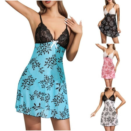 USSUMA 2024 Lingerie for Women  Womens Fashion Printing Sling Dress Lace V-Neck Underwear Lingerie Nightdress on Clearance Deals Black L